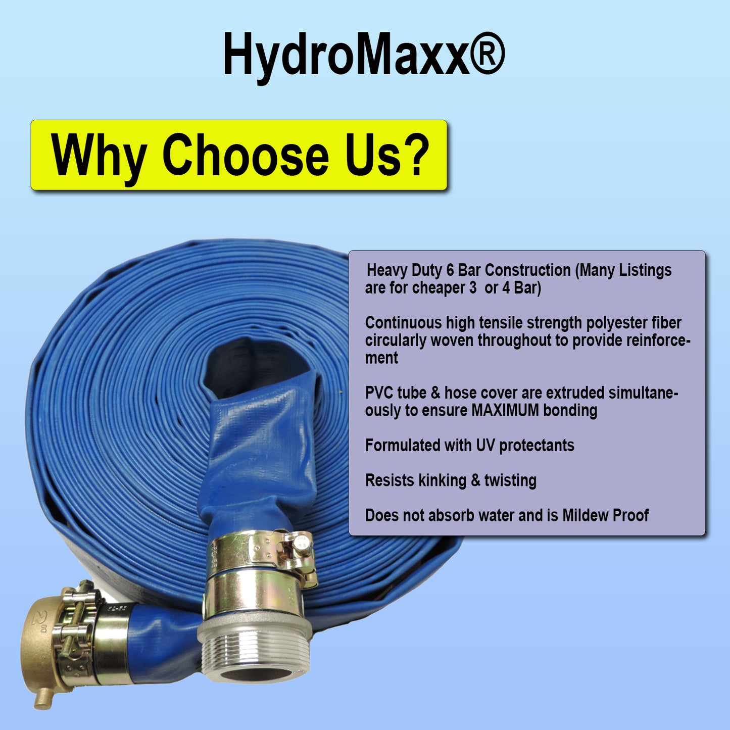 HydroMaxx® 6 Bar Lay Flat Discharge and Backwash Hose with Connectors