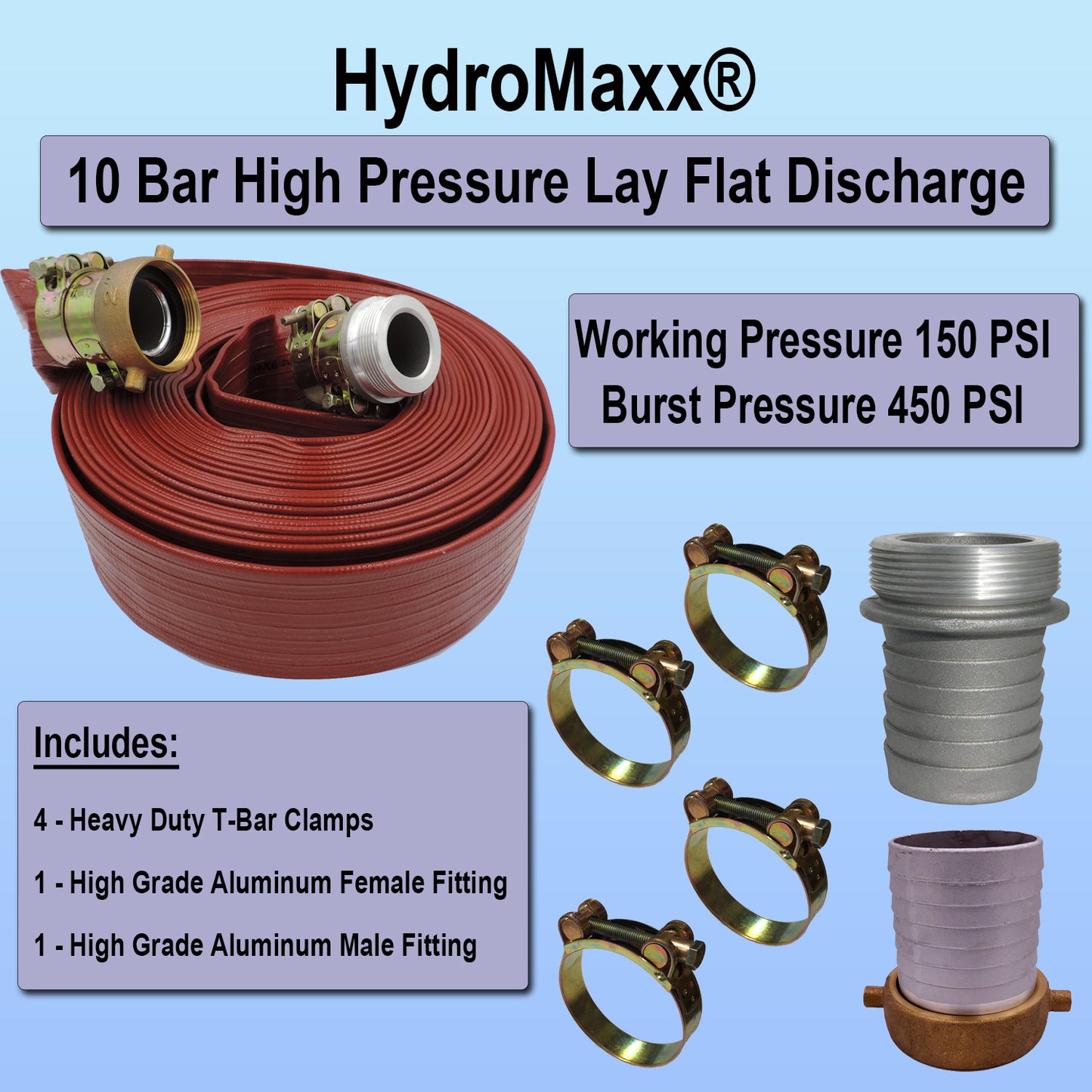HydroMaxx® 10 Bar High Pressure Lay Flat Discharge and Backwash Hose with Connectors