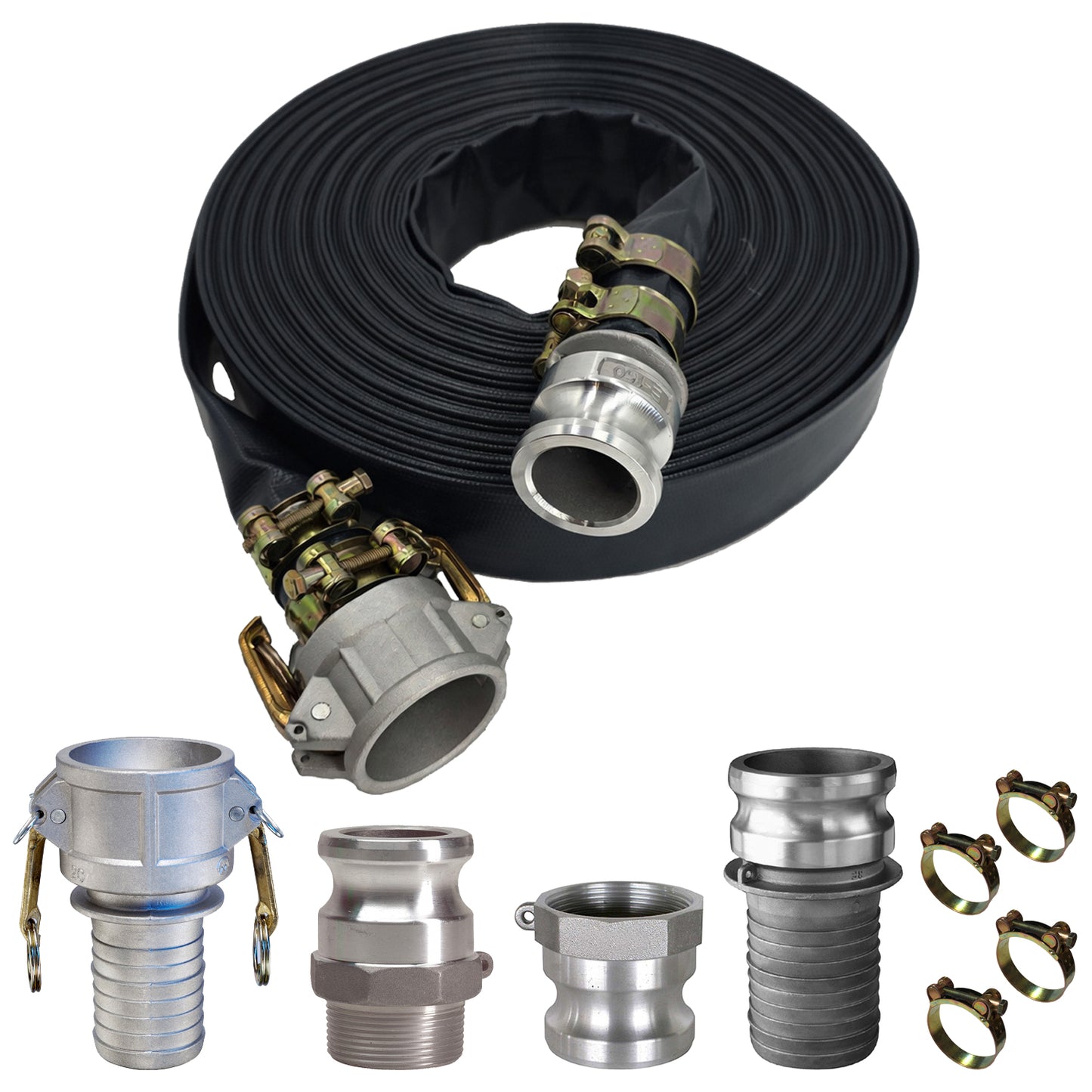 HydroMaxx® 6 Bar Black Lay Flat Discharge and Backwash Hose with Camlocks and Adapters