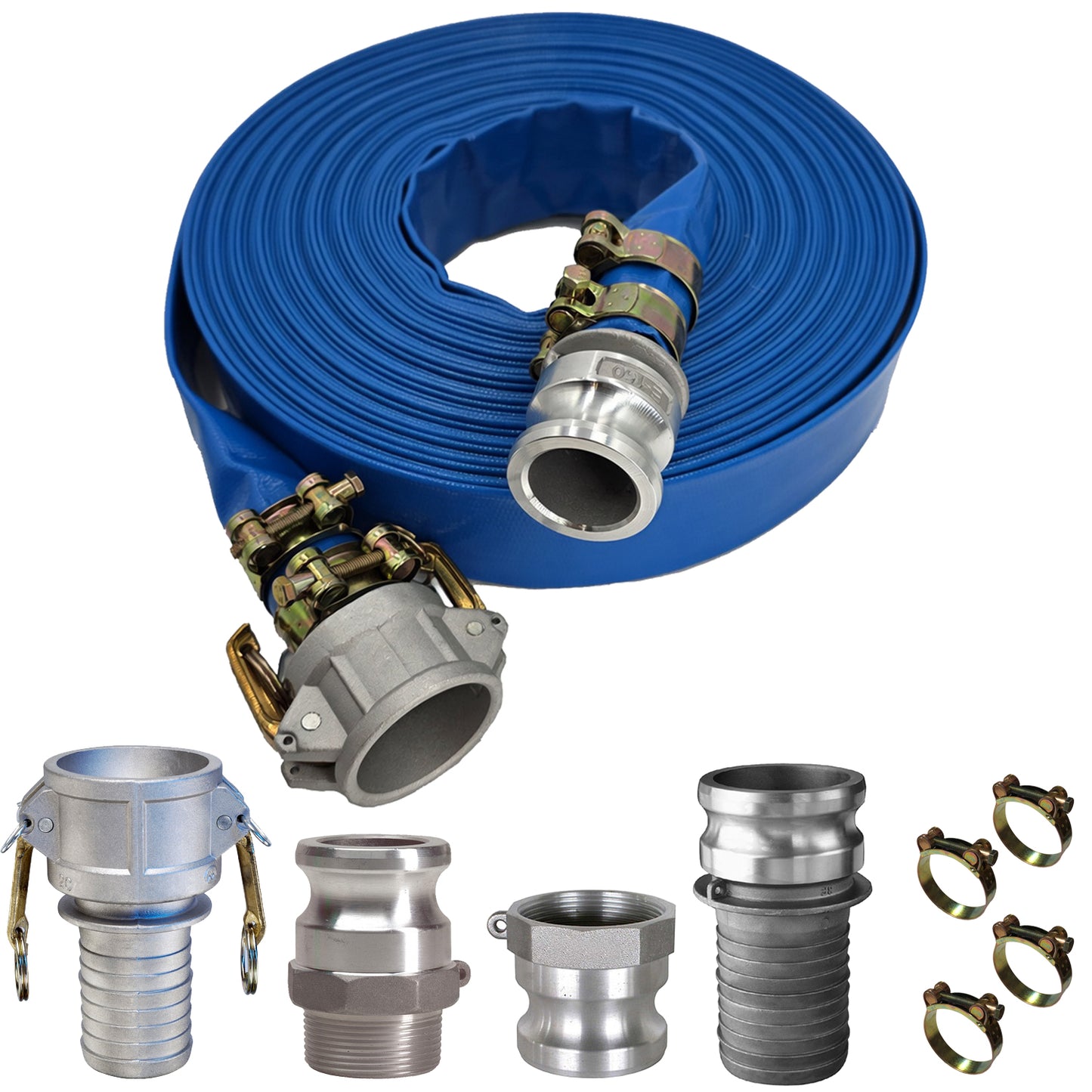 HydroMaxx® 6 Bar Blue Lay Flat Discharge and Backwash Hose with Camlocks and Adapters