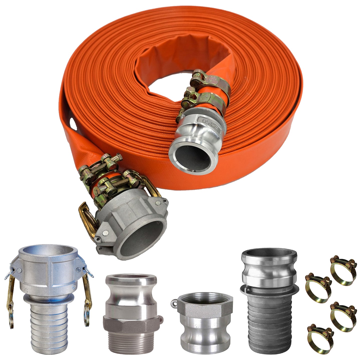 HydroMaxx® 6 Bar Orange Lay Flat Discharge and Backwash Hose with Camlocks and Adapters