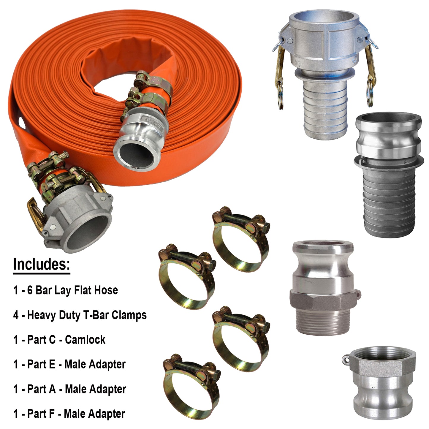 HydroMaxx® 6 Bar Orange Lay Flat Discharge and Backwash Hose with Camlocks and Adapters